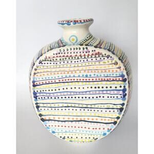 Vintage Rainbow Polka Dot Art Pottery Vase Signed dYNa 7.5"T 6"W U182